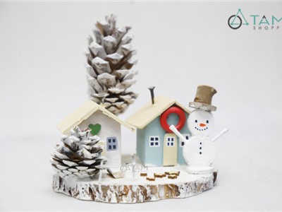 Bộ tiểu cảnh Noel handmade đế tròn 2 nhà X-TCANH-04